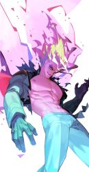 Rule 34 | 1boy, abs, bara, fiery hair, gloves, highres, jacket, kray foresight, large pectorals, looking at viewer, male focus, muscular, muscular male, nipples, pants, pectorals, promare, red eyes, solo, tight clothes, white-corner