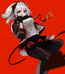 1girl antenna_hair antennae arknights black_gloves black_jacket black_scarf demon_girl demon_horns demon_tail fingerless_gloves gloves grey_hair grey_shirt highres horns jacket looking_at_viewer open_clothes open_jacket pantyhose red_background red_eyes red_horns scarf shirt short_hair simple_background skirt smile solo tail w_(arknights) yuragi1211