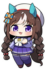 Rule 34 | 1girl, animal ears, beret, bow, braid, breasts, brown footwear, brown hair, chibi, commentary request, full body, hair bobbles, hair bow, hair ornament, hand up, hat, highres, hokko tarumae (umamusume), horse ears, horse girl, horse tail, long hair, long sleeves, low twintails, multicolored hair, pleated skirt, plover, puffy long sleeves, puffy sleeves, purple eyes, purple shirt, purple skirt, purple thighhighs, school uniform, shirt, shoes, simple background, skirt, sleeves past wrists, small breasts, solo, standing, star (symbol), streaked hair, striped, striped bow, tail, thighhighs, tracen school uniform, twin braids, twintails, umamusume, very long hair, white background, white bow, white hair, white hat