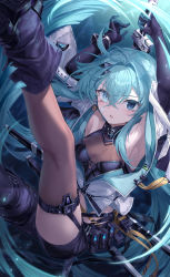 Rule 34 | 1girl, absurdres, armpits, asymmetrical gloves, asymmetrical legwear, black footwear, black gloves, black shorts, blue eyes, blue hair, breasts, breasts apart, elbow gloves, floating hair, gloves, hair between eyes, hair intakes, heterochromia, highres, holding, holding sword, holding weapon, legs up, long hair, medium breasts, open mouth, original, shichigatsu, short shorts, shorts, solo, sword, very long hair, weapon