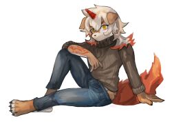 Rule 34 | 1boy, arknights, brown sweater, buchi0122, claws, colored tips, commentary request, denim, furry, furry male, highres, horns, hung (arknights), komainu boy, komainu ears, komainu tail, looking at viewer, male focus, multicolored hair, pants, single horn, sitting, sleeveless, sleeveless turtleneck, sleeves rolled up, sweater, turtleneck, white background, yellow eyes