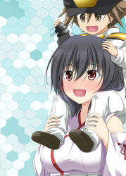 Rule 34 | 1boy, 1girl, black hair, blue background, blush, brown hair, carrying, commentary request, detached sleeves, hair ornament, hat, highres, honeycomb (pattern), honeycomb background, kantai collection, little boy admiral (kancolle), military, military uniform, naval uniform, open mouth, rappa (rappaya), red eyes, short hair, shoulder carry, smile, spiked hair, uniform, wavy mouth, wide sleeves, yamashiro (kancolle)