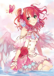 Rule 34 | 10s, 1girl, ankle lace-up, ankle ribbon, aqua eyes, blush, bow, bowtie, bug, butterfly, buttons, commentary request, cross-laced footwear, double-breasted, dress, feathered wings, flower, hair flower, hair ornament, hair ribbon, highres, insect, kurosawa ruby, layered dress, leg ribbon, looking at viewer, love live!, love live! school idol festival, love live! sunshine!!, nail polish, red flower, red hair, red nails, red rose, ribbon, rose, scrunchie, sitting, smile, solo, striped bow, striped bowtie, striped clothes, striped neckwear, sudach koppe, two side up, water, white wings, wings, wrist cuffs