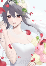 Rule 34 | 1girl, alternate costume, bouquet, breasts, bridal veil, brown eyes, dress, flower, grey hair, hair flower, hair ornament, haruna (kancolle), highres, holding, holding bouquet, jewelry, kantai collection, long hair, medium breasts, parted lips, petals, picoli1313, pink flower, red flower, ring, solo, strapless, strapless dress, upper body, veil, wedding band, wedding dress, white dress, white flower
