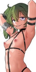 Rule 34 | 1girl, absurdres, arm strap, armlet, armpits, arms behind head, black choker, breasts, choker, commentary, english commentary, green hair, grin, highres, jitome, long hair, looking at viewer, madaotheory, navel, nipples, o-ring, o-ring choker, parted lips, presenting armpit, purple eyes, ribs, side ponytail, small breasts, smile, solo, sousou no frieren, sweat, ubel (sousou no frieren)