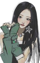 Rule 34 | 1girl, aegyo sal, arm warmers, black eyes, black hair, black tube top, earrings, green arm warmers, heart, heart hands, highres, ioolx, jewelry, k-pop, long hair, looking at viewer, minji (newjeans), necklace, newjeans, real life, solo, star (symbol), star earrings, strapless, tube top, upper body, white background