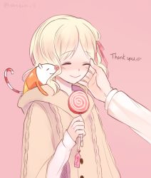 Rule 34 | 10s, 1boy, 1girl, blonde hair, blush, candy, cane, cape, character request, creature, curly hair, diabolik lovers, english text, closed eyes, flat chest, food, hand on another&#039;s face, happy, heart, komori yui, manmosu, out of frame, petite, pink background, rejet, sakamaki shuu, simple background, smile, solo focus, text focus, twitter username, upper body