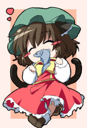 Rule 34 | 1girl, animal ears, blush stickers, brown hair, cat ears, cat tail, chen, chibi, closed eyes, fish, hat, multiple tails, oka (bananashoe), short hair, solo, tail, touhou