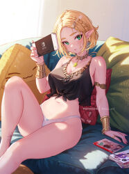 Rule 34 | 1girl, alternate costume, armlet, bare shoulders, black shirt, blush, bracelet, braid, breasts, cleavage, closed mouth, couch, crop top, earrings, green eyes, handheld game console, holding, holding handheld game console, jewelry, knee up, large breasts, mitsu (mitsu art), navel, necklace, nintendo, nintendo switch, panties, pointy ears, princess zelda, ring, shirt, short hair, sitting, smile, solo, stomach, tattoo, the legend of zelda, the legend of zelda: tears of the kingdom, thighs, tied shirt, underwear, white panties, wristlet