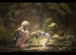Rule 34 | 1girl, animal, arm wrap, bare legs, bare shoulders, barefoot, blonde hair, blue dress, braid, check copyright, circlet, commentary request, copyright request, dappled sunlight, day, dragon, dress, elf, feeding, forehead jewel, frog, from side, grass, hand on own knee, holding, holding animal, hugging own legs, letterboxed, long hair, looking at animal, looking away, minami cha, mini dragon, moss, nature, open mouth, original, outdoors, outstretched arm, plant, pointy ears, pond, profile, rock, sash, short dress, sleeveless, sleeveless dress, squatting, sunlight, tree, water