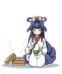 Rule 34 | 1girl, bamboo steamer, blue eyes, blue hair, bowl, braid, closed mouth, commentary request, eyeliner, full body, hair ornament, highres, long hair, otohime (housamo), r-te (restricted te), red eyeliner, rice, rice bowl, seiza, shamoji, sidelocks, sitting, solo, steam, thick eyebrows, tokyo houkago summoners, white background