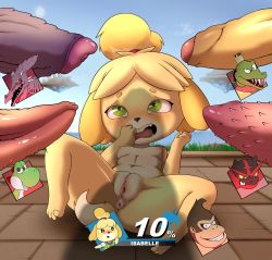 Rule 34 | 1girl, 5boys, absurdres, animal crossing, animal ears, anus, barefoot, black eyes, blonde hair, blue sky, blush, breasts, character name, clenched hands, clitoral hood, cloud, colored sclera, constricted pupils, creatures (company), crown, day, disembodied penis, dog ears, dog girl, dog tail, donkey kong, donkey kong (series), english text, erection, floating island, full body, furry, game freak, gameplay mechanics, gen 7 pokemon, grass, green eyes, grin, hair tie, hands up, heads-up display, health bar, highres, imminent penetration, incineroar, isabelle (animal crossing), kektails, king k. rool, large penis, looking up, lying, mario (series), metroid, multiple boys, navel, nintendo, nipples, nose blush, nude, on back, open mouth, outdoors, penis, penis shadow, pokemon, pokemon (creature), pussy, red sclera, ridley, sharp teeth, short hair, sky, small breasts, smile, spread legs, super mario bros. 1, super smash bros., surrounded by penises, tail, teeth, tongue, topknot, uncensored, white eyes, yellow sclera, yoshi