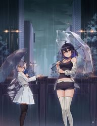 Rule 34 | 2girls, ahoge, aliceblue, artist name, bandaged arm, bandages, bare shoulders, belt, black choker, black hair, black legwear, black shirt, black shorts, blue hair, blush, bob cut, breasts, bronya zaychik, bronya zaychik (herrscher of reason), building, camisole, choker, cityscape, cleavage, collarbone, commentary request, crossed bangs, drill hair, grey eyes, grin, hair between eyes, hair ornament, hand up, highres, holding, holding umbrella, honkai (series), honkai impact 3rd, jacket, lamppost, long hair, long sleeves, looking at viewer, medium breasts, midriff, multicolored hair, multiple girls, night, off shoulder, open clothes, open jacket, open shirt, outdoors, parasol, pleated skirt, purple eyes, rain, revision, school uniform, see-through, seele vollerei, shirt, short hair, short shorts, shorts, sidelocks, silver hair, skirt, sleeveless, sleeveless shirt, smile, standing, striped clothes, striped legwear, striped thighhighs, tank top, tattoo, thighhighs, thighs, transparent, transparent umbrella, twin drills, twintails, two-tone hair, umbrella, vertical-striped clothes, vertical-striped thighhighs, water, wet, wet clothes, white jacket, white legwear, white shirt, white skirt