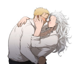 Rule 34 | 1boy, 1girl, absurdres, blonde hair, blush, collared shirt, couple, cross, dorohedoro, dress shirt, ear piercing, earrings, eye contact, face-to-face, from side, glasses, grey hair, hand on another&#039;s back, hand on another&#039;s cheek, hand on another&#039;s face, hand on another&#039;s hip, hand up, hetero, highres, hug, inverted cross, jewelry, ki (mxxxx), leaning forward, leaning on person, long hair, long sleeves, looking at another, noi (dorohedoro), nose blush, partially unbuttoned, piercing, red eyes, shin (dorohedoro), shirt, short hair, simple background, upper body, white background, white shirt