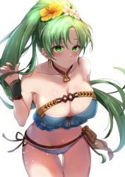 Rule 34 | 1girl, bikini, blush, breasts, fire emblem, fire emblem: the blazing blade, fire emblem heroes, green eyes, green hair, hair between eyes, highres, jewelry, large breasts, long hair, looking at viewer, lyn (fire emblem), lyn (summer) (fire emblem), navel, nekolook, nintendo, ponytail, simple background, smile, solo, strapless, strapless bikini, swimsuit, very long hair, white background