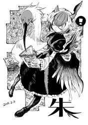 Rule 34 | !, 1girl, albert einstein, arm belt, bird wings, black footwear, book, book stack, boots, crested ibis, dated, dot nose, dress, english text, expressionless, floral background, frilled dress, frilled sleeves, frills, greyscale, hair between eyes, head wings, heran hei mao, horns, long sleeves, looking at viewer, monochrome, multicolored hair, reading, short hair, single head wing, speech bubble, spoken exclamation mark, tokiko (touhou), touhou, tsurime, wings