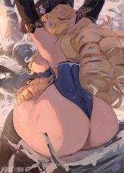 Rule 34 | 1girl, arms up, ass, back, blonde hair, blue eyes, breasts, drill hair, genshin impact, hat, highres, huge ass, large breasts, leotard, long hair, looking at viewer, looking back, mirai hikari, navia (genshin impact), sideboob, sitting, skindentation, solo, thick thighs, thighhighs, thighs, wide hips
