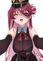 Rule 34 | 1girl, black hat, blush, breasts, cleavage, detached sleeves, fangs, hanging breasts, hat, heterochromia, highres, hololive, houshou marine, houshou marine (marching band), large breasts, leotard, leotard under clothes, long hair, long sleeves, looking at viewer, multicolored hair, open mouth, pink hair, pirate, red eyes, red hair, see-through, see-through cleavage, see-through leotard, shako cap, simple background, skin fangs, smile, solo, syhan, two-tone hair, very long hair, virtual youtuber, white background, yellow eyes