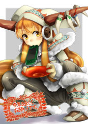 Rule 34 | 1girl, bad id, bad pixiv id, capcom, cup, female focus, fur trim, gloves, handheld game console, horns, ibuki suika, lagombi (armor), monster hunter (series), monster hunter portable 3rd, mouth hold, orange hair, playstation portable, product placement, sakazuki, solo, topo (bacchustab), topo bevitore, touhou