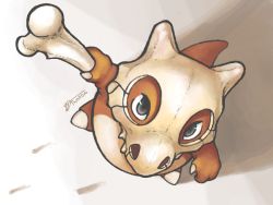Rule 34 | bone, claws, commentary, commentary request, creature, cubone, from above, full body, gen 1 pokemon, grey eyes, holding, holding bone, looking up, no humans, pokemon, pokemon (creature), shadow, signature, simple background, solo, twarda8, white background