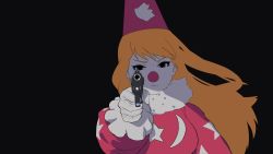 Rule 34 | 1girl, absurdres, aiming, aiming at viewer, black background, blonde hair, breasts, clown, clown nose, fridge (fridgedraws), frown, gloves, gun, handgun, hat, highres, holding, holding gun, holding weapon, makeup, medium breasts, neck ruff, original, party hat, pink hat, pistol, portrait, shaded face, solo, v-shaped eyebrows, weapon, white gloves
