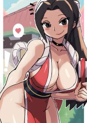 Rule 34 | !, 1girl, absurdres, blush, breasts, brown eyes, brown hair, building, choker, cleavage, cloud, collarbone, dress, fan, fatal fury, folding fan, hair ribbon, hand fan, highres, holding, kunoichi, large breasts, leaning forward, long hair, looking at viewer, ninja, paper fan, ponytail, red dress, ribbon, rope, shiranui mai, sky, sleeveless, sleeveless dress, smile, snk, sparkle, standing, the king of fighters, tony welt, war fan, white ribbon, wide hips