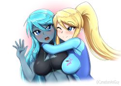 Rule 34 | &gt;:o, 2girls, ;), arm around neck, bare arms, blonde hair, blue bodysuit, blue eyes, blue hair, blush, bodysuit, breasts, canadiananiguy, cleavage, cleavage cutout, closed mouth, clothing cutout, colored skin, commentary, couple, dark samus, embarrassed, english commentary, eyebrows hidden by hair, eyes visible through hair, grey skin, hair between eyes, hair down, hand up, happy, high ponytail, highres, hug, large breasts, light blue hair, long hair, looking at another, metroid, midriff, mole, mole under mouth, multiple girls, nintendo, one eye closed, open mouth, ponytail, round teeth, samus aran, serious, shy, sidelocks, skin tight, sleeveless, smile, straight hair, teeth, upper body, upper teeth only, white background, wink, yuri, zero suit