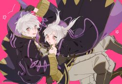 1boy 1girl black_gloves breasts brown_eyes cleavage cloak fire_emblem fire_emblem_awakening gloves grey_hair hair_between_eyes hood hood_down hooded_cloak itou_(very_ito) long_hair long_sleeves nintendo open_mouth red_background robin_(female)_(fire_emblem) robin_(fire_emblem) robin_(male)_(fire_emblem) short_hair simple_background sweatdrop twintails wide_sleeves