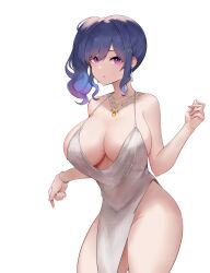 Rule 34 | 1girl, absurdres, azur lane, blue hair, bracelet, breasts, cleavage, cowboy shot, dress, evening gown, hair ornament, highres, jewelry, large breasts, necklace, obniermarbiss, official alternate costume, pelvic curtain, purple eyes, revealing clothes, side ponytail, simple background, st. louis (azur lane), st. louis (luxurious wheels) (azur lane), white background