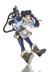 Rule 34 | 1girl, :d, absurdres, adjusting eyewear, belt, belt pouch, black hair, blue gloves, blue legwear, blue ribbon, blunt bangs, boots, braid, brown eyes, brown footwear, canister, canteen, cardcaptor sakura, clenched teeth, coat, cosplay, duximeng, energy gun, finger on trigger, full body, fur-trimmed boots, fur-trimmed jacket, fur boots, fur coat, fur trim, gloves, grin, gun, hair bun, hair ornament, hair ribbon, hand on eyewear, hand to head, hand up, handgun, highres, holding, holding gun, holding weapon, hose, jacket, knee boots, legs apart, li meiling, long hair, mei (overwatch), mei (overwatch) (cosplay), open mouth, overwatch, overwatch 1, parka, pouch, ray gun, reflection, ribbon, shoes, simple background, smile, snow boots, solo, spiked shoes, spikes, standing, teeth, twintails, utility belt, weapon, white background, winter clothes, winter coat