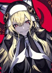 Rule 34 | 1girl, animal ears, black dress, black gloves, blonde hair, breasts, bright pupils, cross, dress, eyelashes, gloves, hands on own face, highres, large breasts, long bangs, long hair, long sleeves, looking at viewer, mephisto (angraecum), mole, mole under mouth, nun, open mouth, original, red eyes, shaded face, smile, teeth, tentacles, white pupils, wide sleeves, x, yandere trance