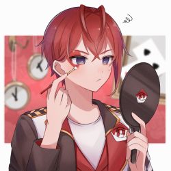 Rule 34 | 1boy, blue eyes, blush, clock, drawing on own face, facial mark, flower, frown, hand mirror, heart, highres, long sleeves, looking to the side, makeup, mirror, multicolored background, nana (eegm4275), pale skin, red background, red hair, riddle rosehearts, rose, school uniform, sweatdrop, twisted wonderland, white background