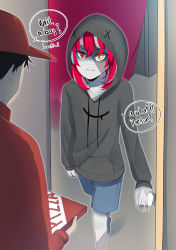 Rule 34 | 1boy, 1girl, absurdres, alternate costume, baseball cap, black hair, blue shorts, casual, colored skin, delivery, english text, flat chest, grey hoodie, grey skin, hat, heterochromia, highres, hololive, hololive indonesia, hood, hood up, hoodie, kureiji ollie, long sleeves, medium hair, opening door, pizza box, pizza delivery, red hair, red headwear, red shirt, rizu tada, shirt, shorts, speech bubble, stitched face, stitches, virtual youtuber, zombie