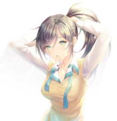 Rule 34 | 1girl, adjusting hair, arms up, backlighting, black hair, blue ribbon, bunching hair, buttons, collared shirt, dressing, green eyes, hair tie, holding, holding hair, long hair, long sleeves, looking at viewer, mouth hold, original, ponytail, ribbon, saban, shirt, simple background, solo, sweater vest, swept bangs, tying hair, upper body, white background, white shirt