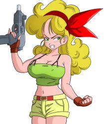 Rule 34 | 1girl, angry, bare shoulders, belt, blonde hair, blush, breasts, cleavage, clenched teeth, cowboy shot, curly hair, dragon ball, dragon ball (classic), female focus, fingerless gloves, gloves, green eyes, green tank top, gun, hair ribbon, hand up, holding, holding gun, holding weapon, large breasts, legs, light blush, long hair, looking at viewer, lunch (dragon ball), midriff, navel, red ribbon, ribbon, short shorts, shorts, solo, standing, suspenders, tank top, teeth, thighs, transparent background, wavy hair, weapon, yamamoto doujin