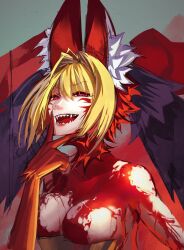 Rule 34 | 1girl, absurdres, ahoge, animal ears, bare shoulders, blonde hair, breasts, cleavage, collarbone, facial mark, fate/grand order, fate (series), fur collar, hair intakes, highres, large breasts, looking at viewer, nero claudius (fate), nero claudius (fate) (all), obazzotto, open mouth, queen draco (beast vi/s) (fate), queen draco (fate), red eyes, revealing clothes, sharp teeth, short hair, smile, solo, teeth, v, veil, wolf ears