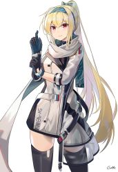 Rule 34 | artist name, black gloves, black thighhighs, blonde hair, boots, bow, cape, character name, commentary, english commentary, gamryous, girls&#039; frontline, glove pull, gloves, green bow, green hairband, green ribbon, hair bow, hair ribbon, hairband, high ponytail, highres, jacket, long hair, mod3 (girls&#039; frontline), red eyes, ribbon, russian flag, sleeves rolled up, sv-98 (girls&#039; frontline), sv-98 (mod3) (girls&#039; frontline), thighhighs, white cape, white jacket