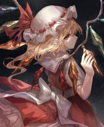 Rule 34 | 1girl, blonde hair, bow, closed mouth, cowboy shot, crystal, expressionless, fingernails, flandre scarlet, floating hair, frilled hat, frilled skirt, frills, from behind, hand up, hat, hat bow, hat ribbon, highres, holding, light particles, long fingernails, looking at viewer, looking back, medium hair, mob cap, mozuno (mozya 7), nail polish, one side up, orange eyes, petticoat, pointy ears, profile, puffy short sleeves, puffy sleeves, red bow, red eyes, red nails, red ribbon, red skirt, red vest, ribbon, ribbon-trimmed headwear, ribbon trim, sailor collar, sash, shirt, short sleeves, sideways glance, skirt, skirt set, slit pupils, solo, touhou, vest, white bow, white sash, white shirt, wing hold, wings