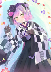 Rule 34 | 1girl, 1other, bibi (tokoyami towa), black gloves, blue hair, blunt bangs, blush, bow, choker, cowboy shot, fishnet gloves, fishnets, flower, gloves, green eyes, hair bow, hair flower, hair ornament, hairclip, hakama, hakama skirt, hand up, highres, hololive, japanese clothes, kimono, lace, long sleeves, looking at viewer, lying, medium hair, on back, parted lips, partially submerged, petals, petals on liquid, sidelocks, sisoha, skirt, tokoyami towa, tokoyami towa (new year), virtual youtuber, water, wide sleeves, x hair ornament