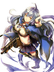 Rule 34 | 10s, 1girl, ahoge, belt, boots, braid, breasts, buckle, cross-laced clothes, eredhen, from above, full body, granblue fantasy, gun, hair between eyes, hand on own head, highres, jacket, large breasts, long hair, long sleeves, looking at viewer, midriff, miniskirt, navel, silva (granblue fantasy), silver hair, simple background, skirt, smoke, solo, thigh boots, thighhighs, twin braids, very long hair, weapon, white background, yellow eyes