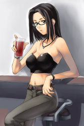 Rule 34 | 00s, 1girl, arm support, bar (place), bar stool, bare shoulders, belt, black-framed eyewear, black eyes, black hair, bracelet, breasts, bustier, chair, cleavage, cup, denim, drink, drinking, drinking glass, female focus, from side, glasses, grey eyes, holding, holding cup, holding drinking glass, indoors, jeans, jewelry, katou kei, large breasts, lingerie, looking at viewer, maria-sama ga miteru, midriff, navel, necklace, pants, parted lips, ring, short hair, sitting, solo, stomach, stool, strapless, tanaka shoutarou, tube top, underwear