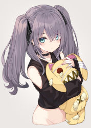 Rule 34 | 1girl, armpit crease, black choker, black shirt, blue eyes, blush, choker, closed mouth, clothing cutout, collarbone, crop top, cropped torso, hugging doll, ear piercing, expressionless, grey background, grey hair, groin, hair over one eye, hair ribbon, highres, long hair, long sleeves, midriff, hugging object, original, piercing, pouty lips, ribbon, shirt, shoulder cutout, sidelocks, simple background, solo, stuffed animal, stuffed rabbit, stuffed toy, stuffing, takehana note, twintails, upper body