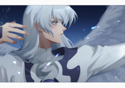 Rule 34 | 1boy, absurdres, blue hair, blush, cardcaptor sakura, expressionless, feathered wings, from side, grey hair, hand up, high collar, highres, long hair, looking ahead, momoju163, outstretched arm, profile, robe, solo, thick eyebrows, v-shaped eyebrows, wings, yue (cardcaptor sakura)