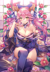 Rule 34 | animal ear fluff, animal ears, arm at side, bare shoulders, blue kimono, blue ribbon, blue thighhighs, blurry, blush, breasts, cleavage, commentary request, depth of field, detached sleeves, fate/grand order, fate (series), flower, fox ears, fox tail, hair between eyes, hair ribbon, hand up, has bad revision, has downscaled revision, highres, indoors, japanese clothes, kimono, large breasts, looking at viewer, marble (toy), md5 mismatch, parted lips, pink hair, resolution mismatch, ribbon, shouji, sitting, sliding doors, solo, source smaller, tail, tamamo (fate), tamamo no mae (fate/extra), thighhighs, yellow eyes, yeonwa