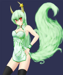 Rule 34 | 1girl, :o, asa inu, bad id, bad pixiv id, breasts, china dress, chinese clothes, dress, covered erect nipples, ex-keine, female focus, green hair, horns, kamishirasawa keine, large breasts, long hair, red eyes, solo, star (symbol), tail, thighhighs, touhou, wrist cuffs