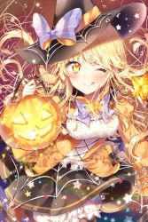Rule 34 | 1girl, ;q, bad id, bad pixiv id, bang dream!, black bow, black hat, black skirt, blonde hair, bloomers, blush, bow, bowtie, bug, frills, halloween, halloween costume, hat, hat bow, highres, holding, jack-o&#039;-lantern, long hair, long sleeves, looking at viewer, one eye closed, purple neckwear, silk, skirt, smile, solo, spider, spider web, star (symbol), striped bow, striped bowtie, striped clothes, striped neckwear, taya oco, tongue, tongue out, tsurumaki kokoro, underwear, water drop, witch hat, yellow eyes