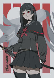 Rule 34 | 1girl, absurdres, belt, black choker, black gloves, black hair, black skirt, black thighhighs, choker, cowboy shot, flower, frown, gloves, grey background, highres, holding, holding sword, holding weapon, jin rou, jitome, lily (flower), long hair, looking at viewer, miniskirt, muted color, neckerchief, original, red eyes, red neckerchief, sailor collar, sheath, sheathed, skirt, solo, sword, thighhighs, translation request, weapon, white flower