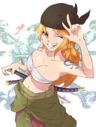 Rule 34 | 1girl, aetherion, bandana, breasts, cleavage, coin, cosplay, earrings, grin, highres, jewelry, long hair, looking at viewer, nami (one piece), one eye closed, one piece, orange eyes, orange hair, roronoa zoro, roronoa zoro (cosplay), shiny skin, smile, solo, sword, tattoo, weapon