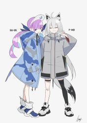 Rule 34 | 2girls, absurdres, ahoge, alternate costume, anchor symbol, animal ear fluff, animal ears, black legwear, blue hair, camouflage hoodie, commentary request, closed eyes, fami (yellow skies), fox ears, fox tail, full body, grey background, grey hair, grin, hand on another&#039;s shoulder, highres, hololive, hood, hoodie, long hair, long sleeves, looking at viewer, maid headdress, minato aqua, multicolored hair, multiple girls, purple eyes, purple hair, shirakami fubuki, signature, simple background, single thighhigh, smile, standing, tail, thigh strap, thighhighs, two-tone hair, v, virtual youtuber