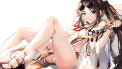 Rule 34 | 1girl, baisi shaonian, bare shoulders, bikini, blush, breasts, brown eyes, brown hair, cleavage, closed mouth, collarbone, earrings, eyewear on head, fate/grand order, fate (series), hair ornament, highres, jewelry, long hair, looking at viewer, medium breasts, multiple earrings, navel, open clothes, polearm, robe, smile, solo, spear, sunglasses, swimsuit, twintails, very long hair, weapon, white bikini, yu mei-ren (fate), yu mei-ren (swimsuit lancer) (fate)